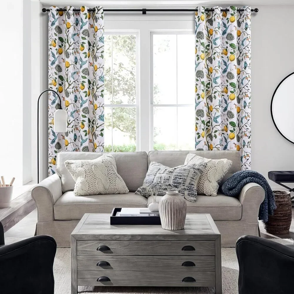 Floral Lemon Hummingbird Curtains Patterned Waverly Mid-Century Style